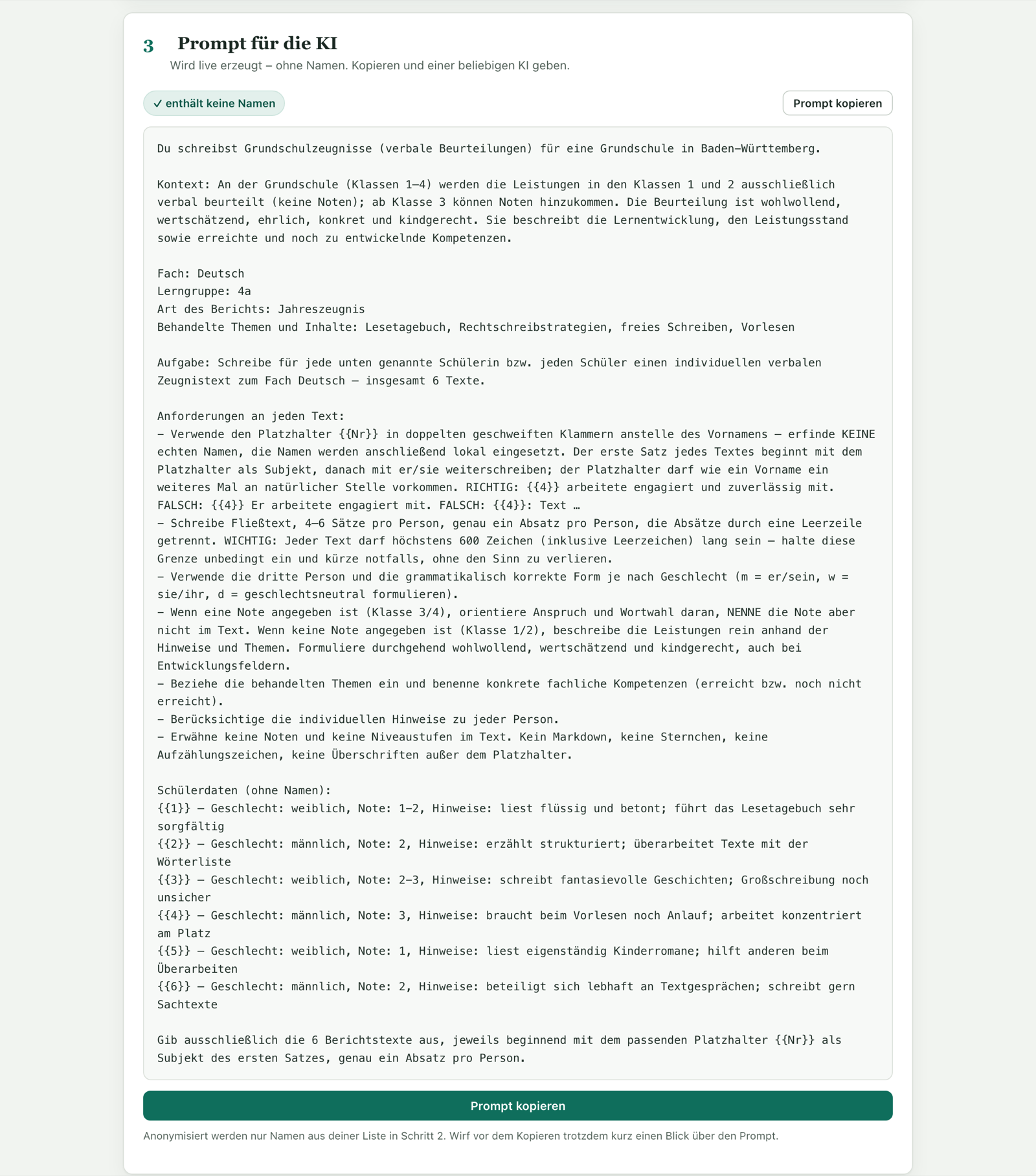 Schritt 3: automatisch erzeugter, anonymisierter KI-Prompt