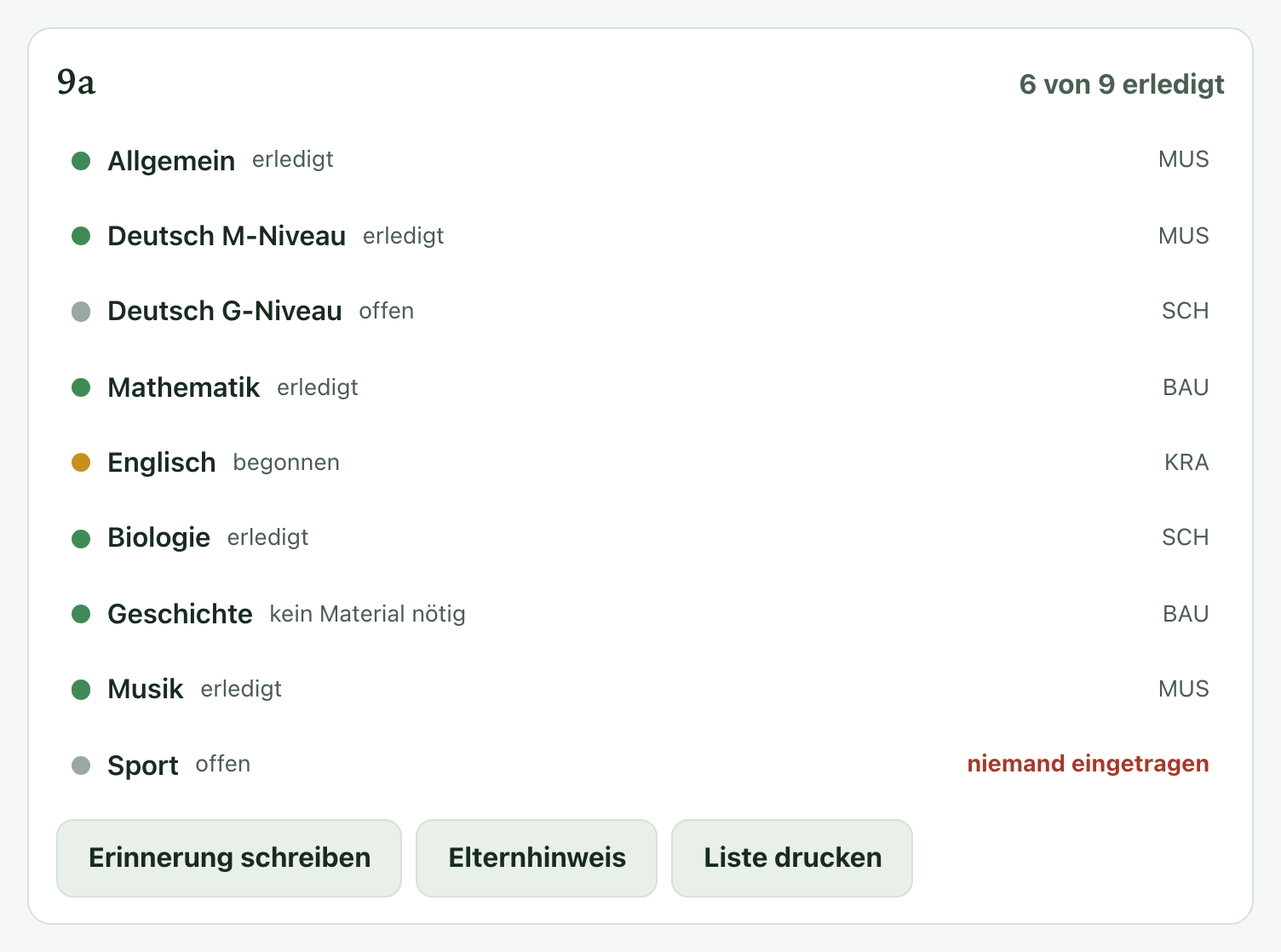 Materialwerk im Browser: Übersicht der Klassenlehrkraft für die 9a — je Fach eine Ampel, „6 von 9 erledigt“, bei Sport steht „niemand eingetragen“ (Beispieldaten)